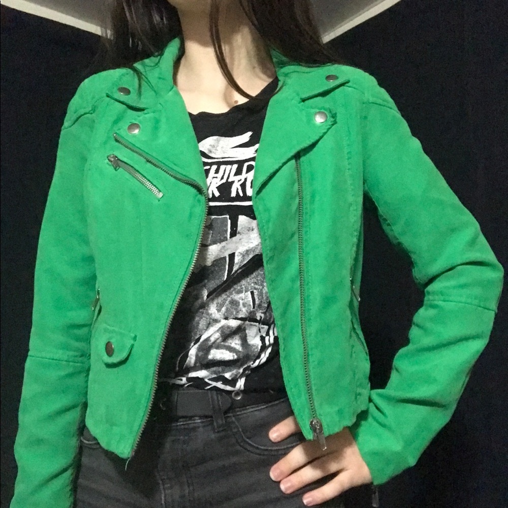 Green Faux Suede Moto Jacket